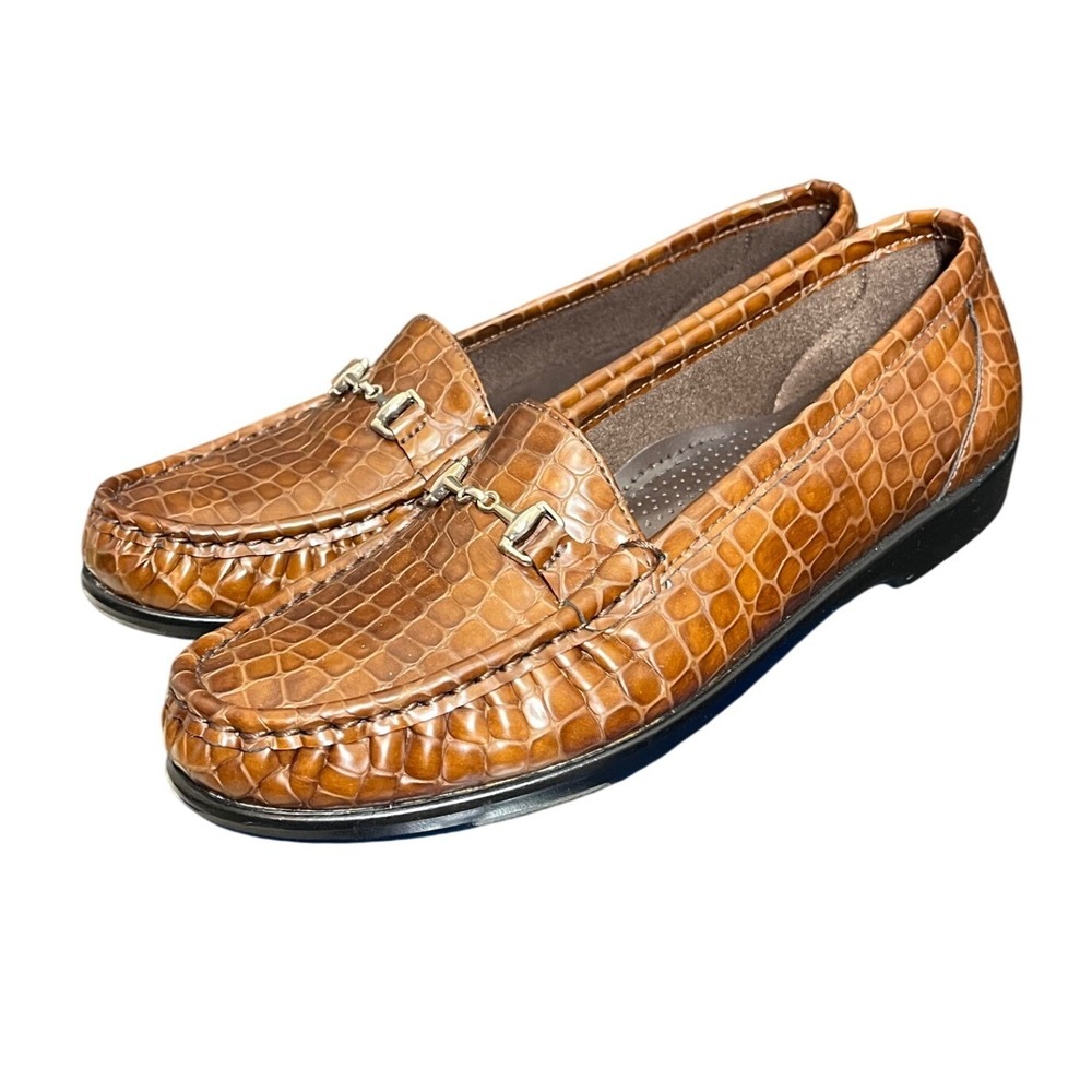 SAS Metro Bit Loafers Womens 8 Narrow Cognac Brown Croc Embossed Leather Shoes